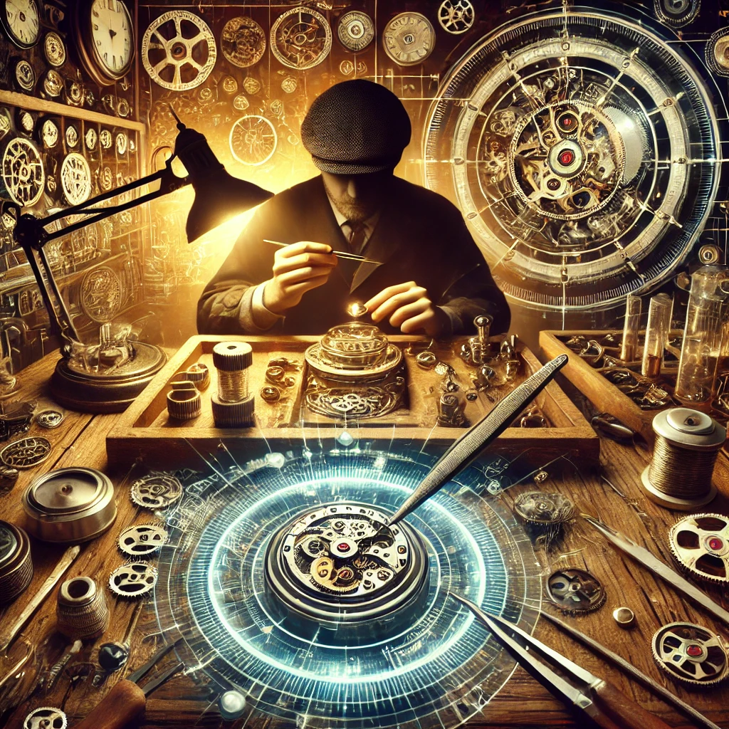 DALL·E 2024 12 15 13.59.25 An intricate depiction of a traditional watchmaker's workshop merged with futuristic AI elements. The workshop features a craftsman meticulously assem