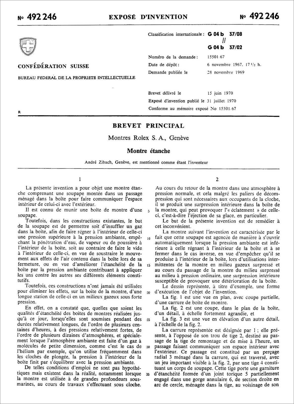 Rolex Helium Release Valve Patent Application 1967
