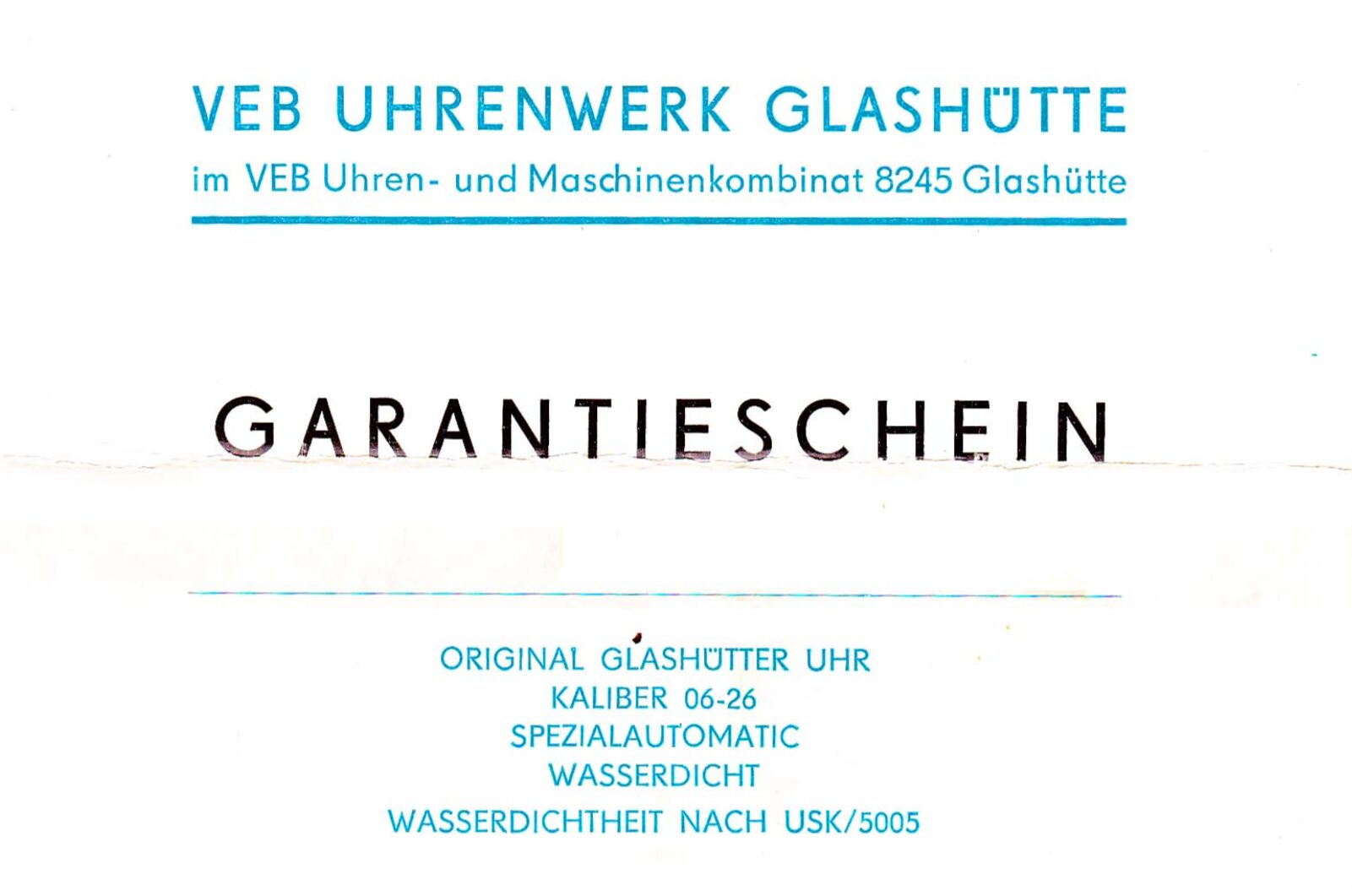 VEB Glashütte Garantieschein