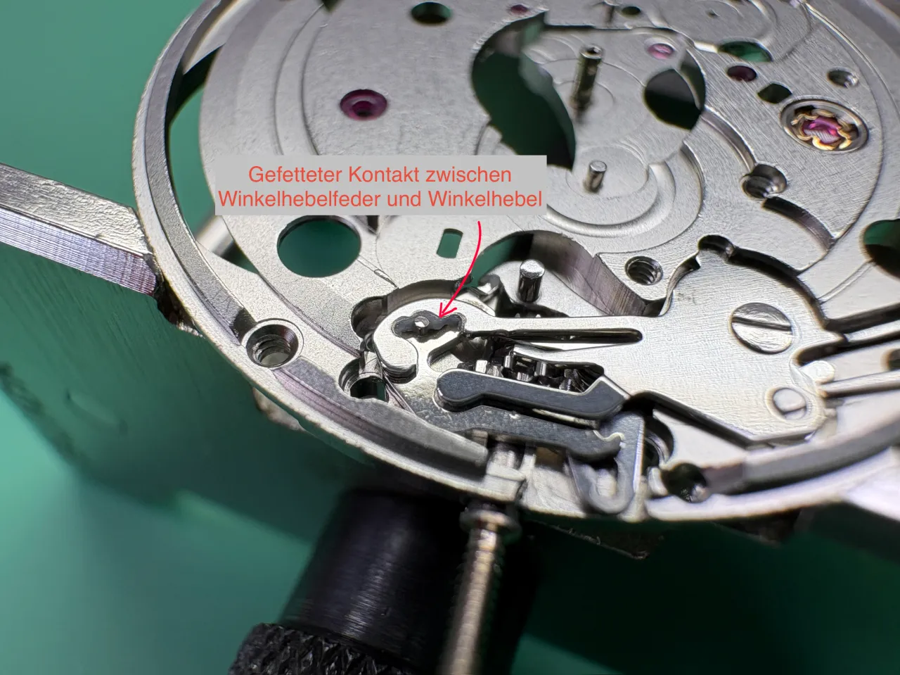 10. ETA 2824 2 Fett an der Winkelhebelfeder
